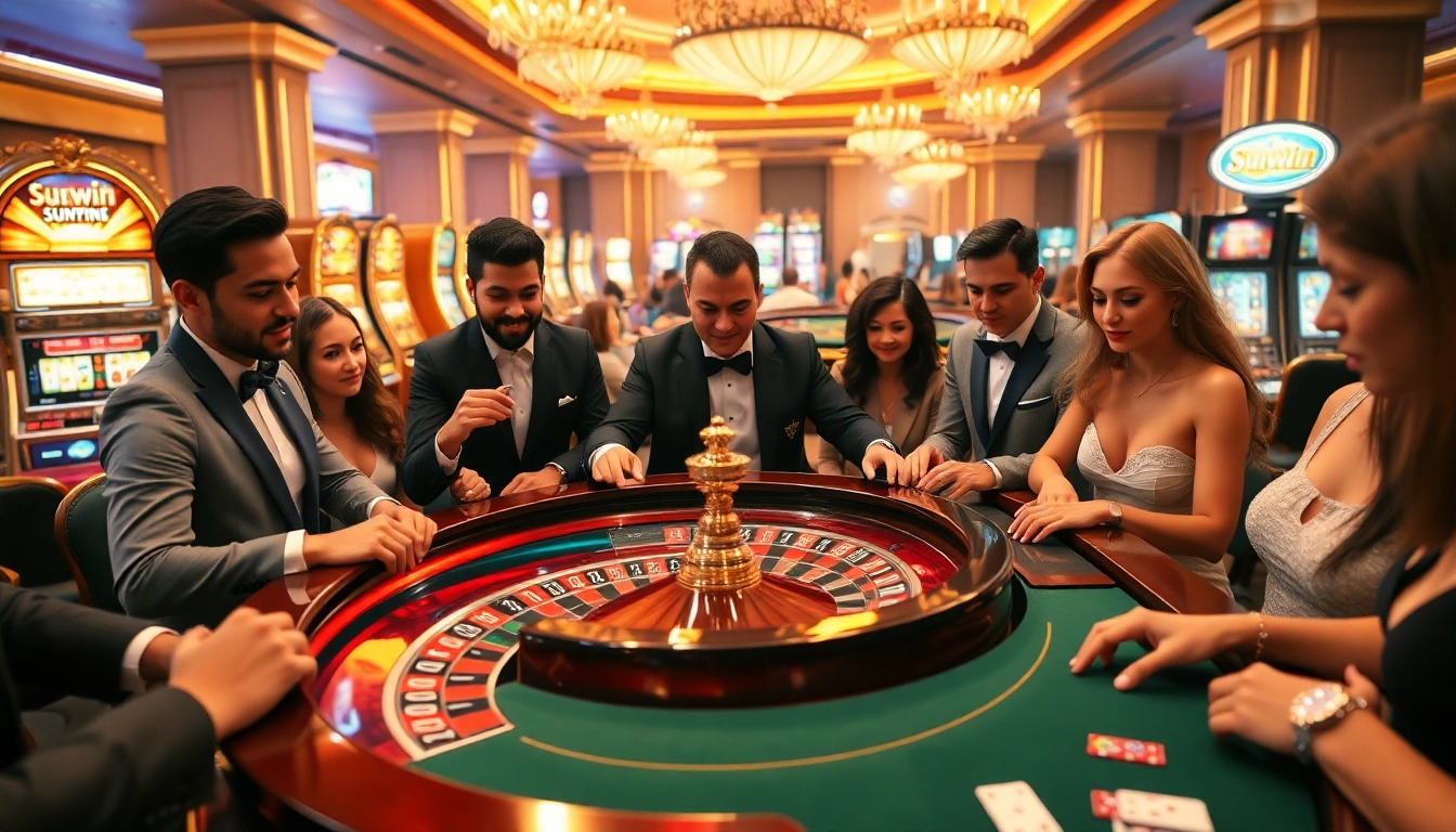 Players placing bets at the sunwin roulette table in an upscale casino atmosphere.