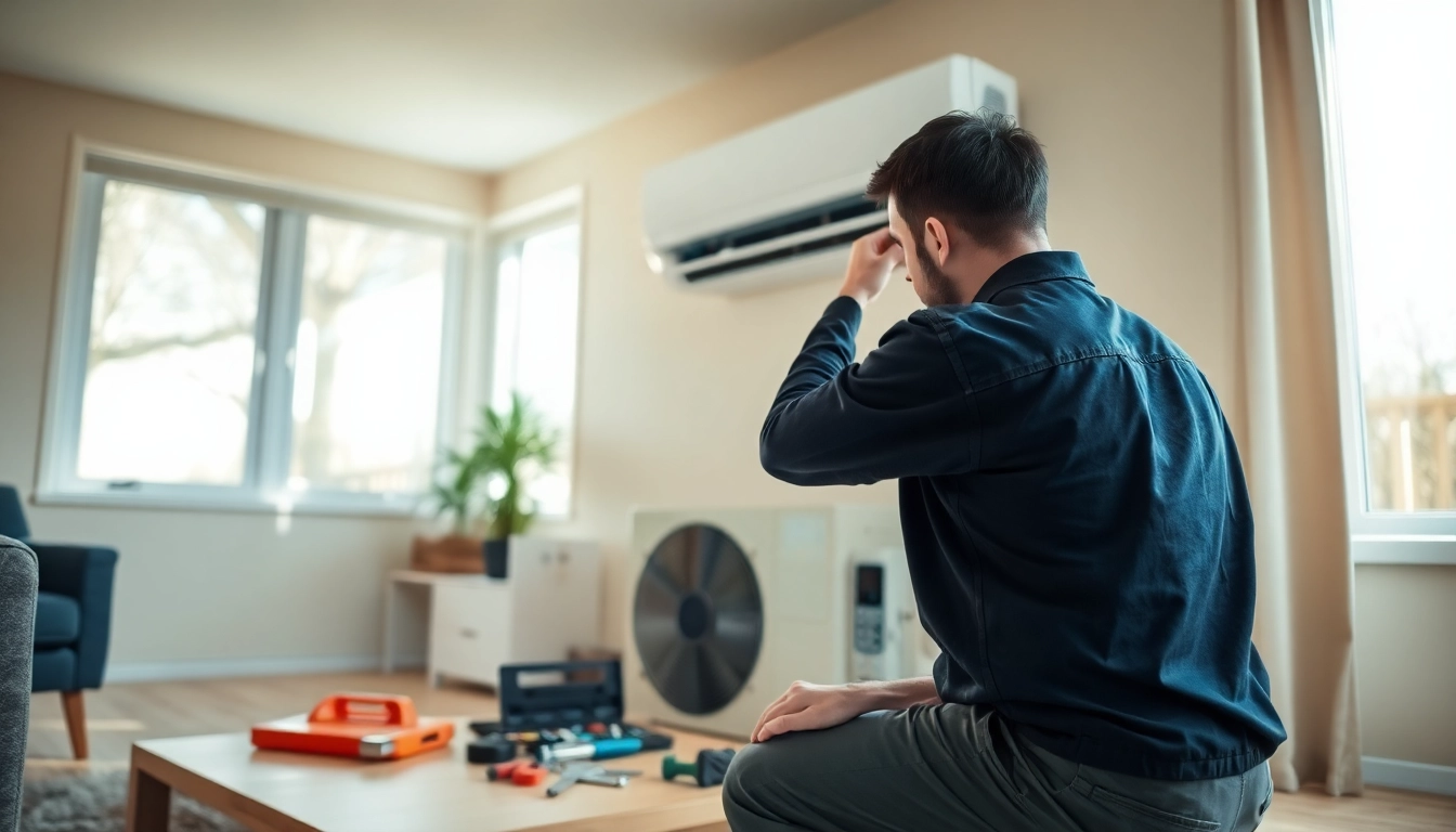 Technician conducting emergency HVAC repair on a home air conditioning unit.
