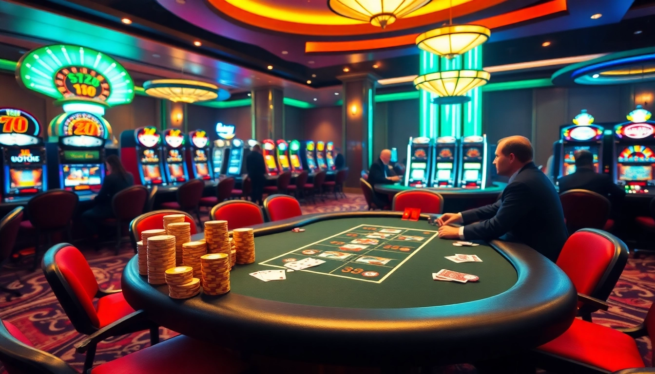 Exciting gaming scene at b52club with poker players, roulette, and slot machines.