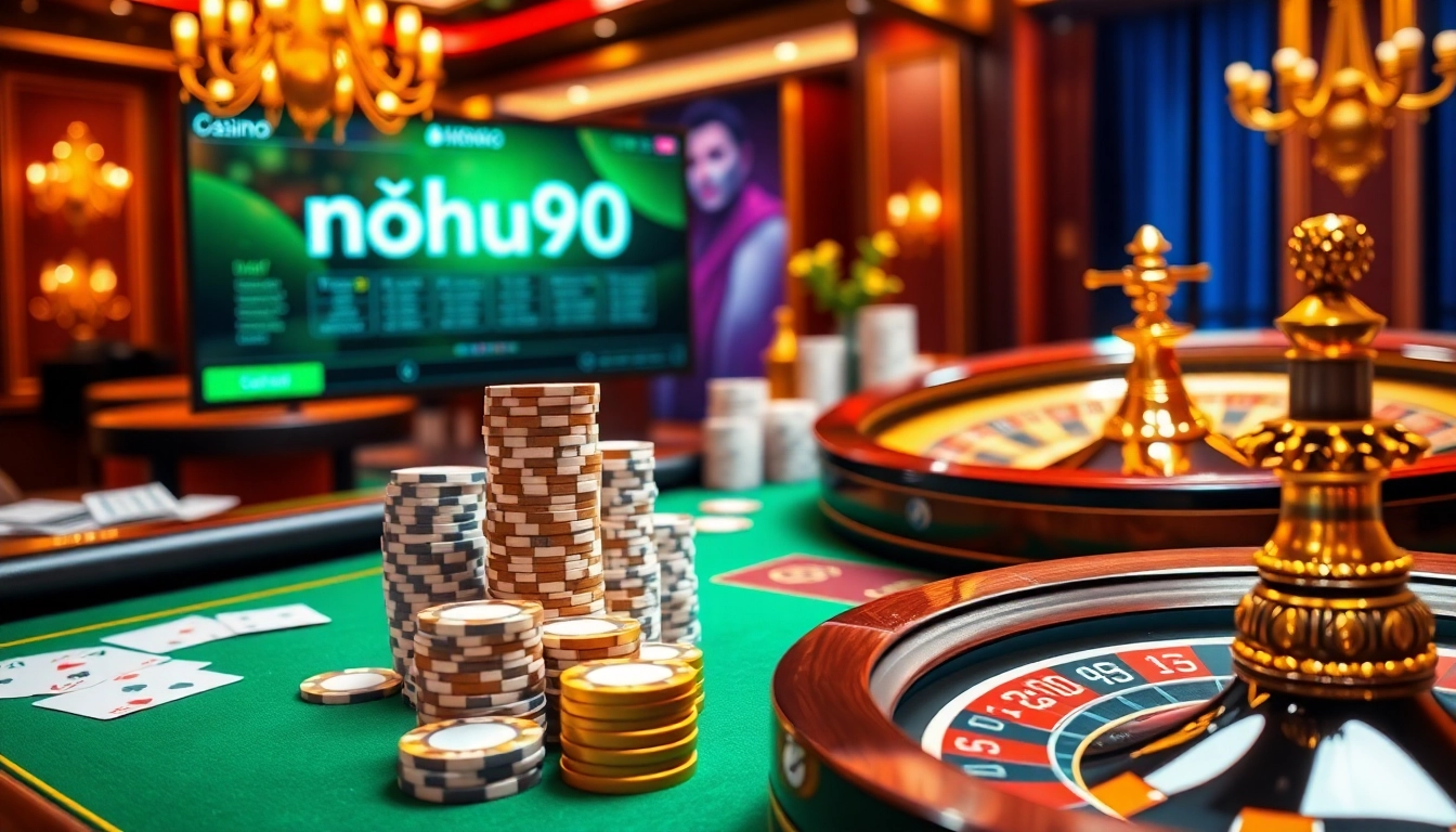 Experience high-stakes gameplay at nohu90's vibrant online casino with poker chips and cards.