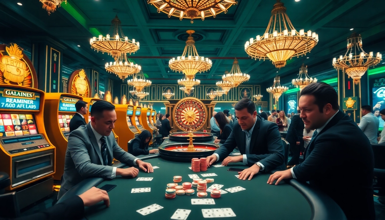 Exciting poker gameplay at a luxurious casino inspired by https://98winwi.com/ with vibrant lights and chips.