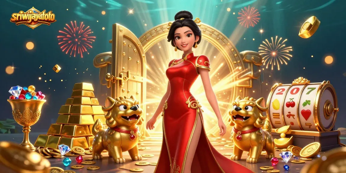 Sriwijayatoto gaming scene featuring a glamorous woman, lucky slot reels, and dazzling treasures.