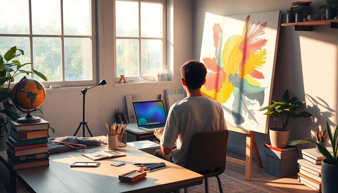 Image to prompt generator in a creative workspace with art supplies