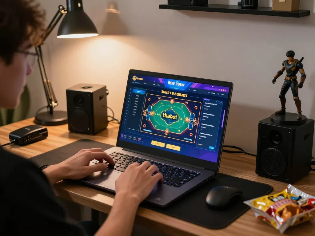 Engaging in thabet online gaming with an immersive setup displaying laptop and personal decor.