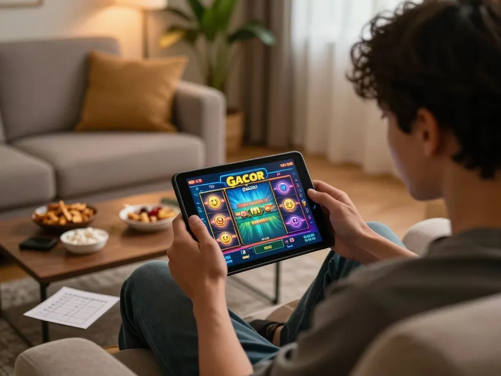 Engaging in slot gacor gameplay on a tablet in a cozy living room atmosphere