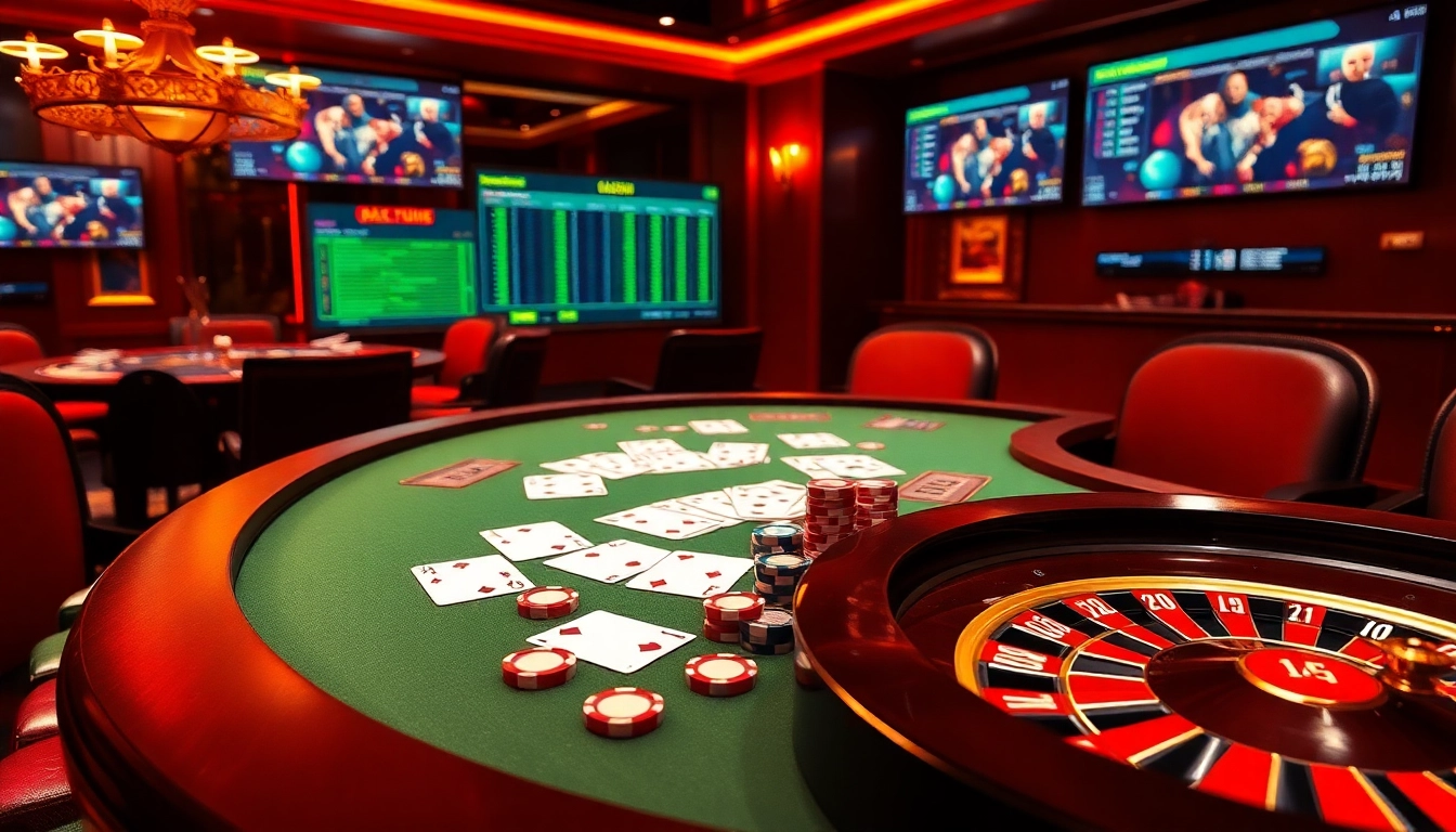 Exciting gaming scene at nhà cái 32win featuring a high-stakes poker table, roulette wheel, and vibrant digital interface.