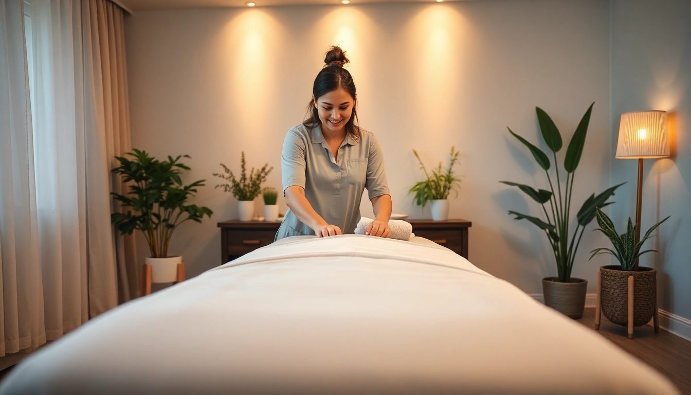 출장마사지 session preparation in a cozy living room with a massage table, soft lighting, and soothing decor.