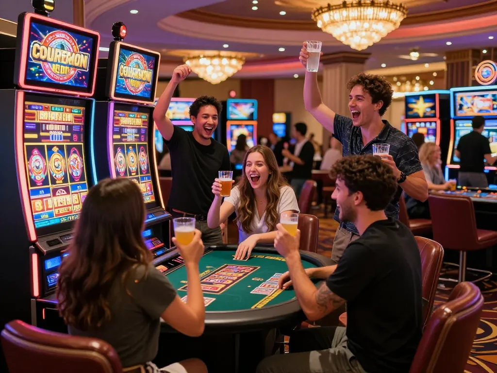Friends celebrating at a casino with a link gacor slot machine amidst vibrant lights.