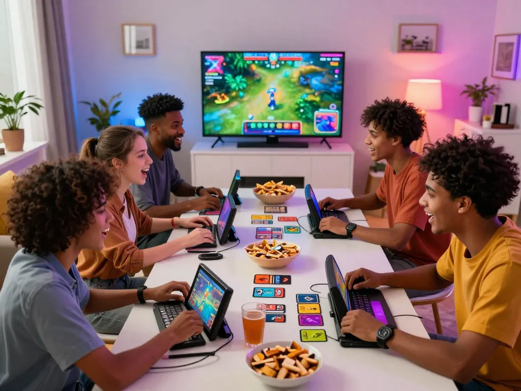 プレイヤーの表情と生き生きとした雰囲気に反映されたオリパワン評判の興奮するグループゲームセッション。