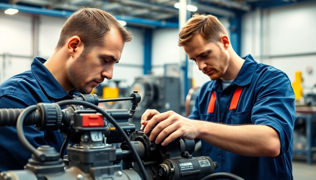 Technician conducts on-site hydraulic repair, showcasing tools and expertise in a professional setting.