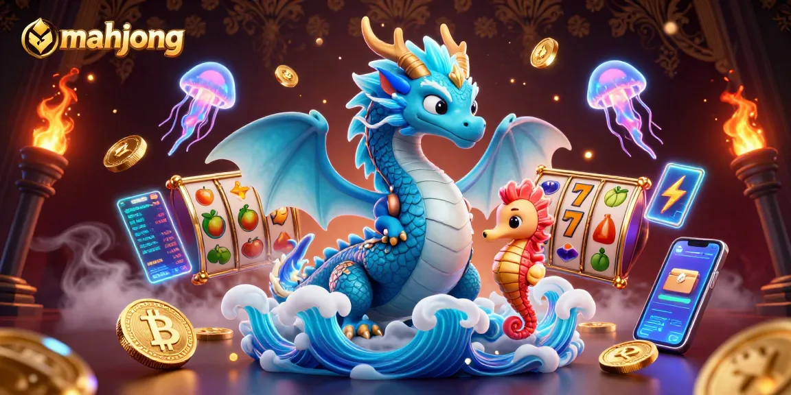 Spin the mahjong slot reels alongside a majestic dragon and seahorse knight in a vibrant underwater scene.