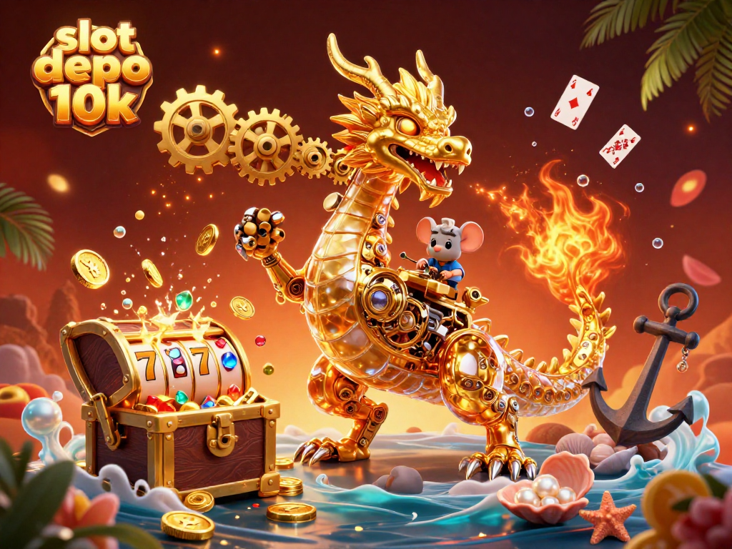 Gambaran slot depo 10k dengan naga emas dan unsur kasino yang menarik.