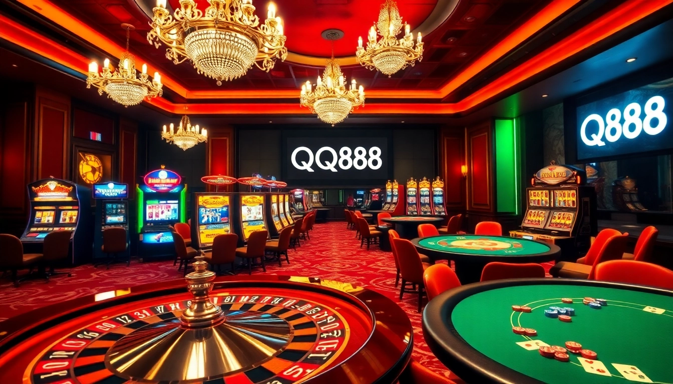 Experience the thrill of QQ88 in a luxurious casino setting, featuring roulette, slot machines, and poker tables.