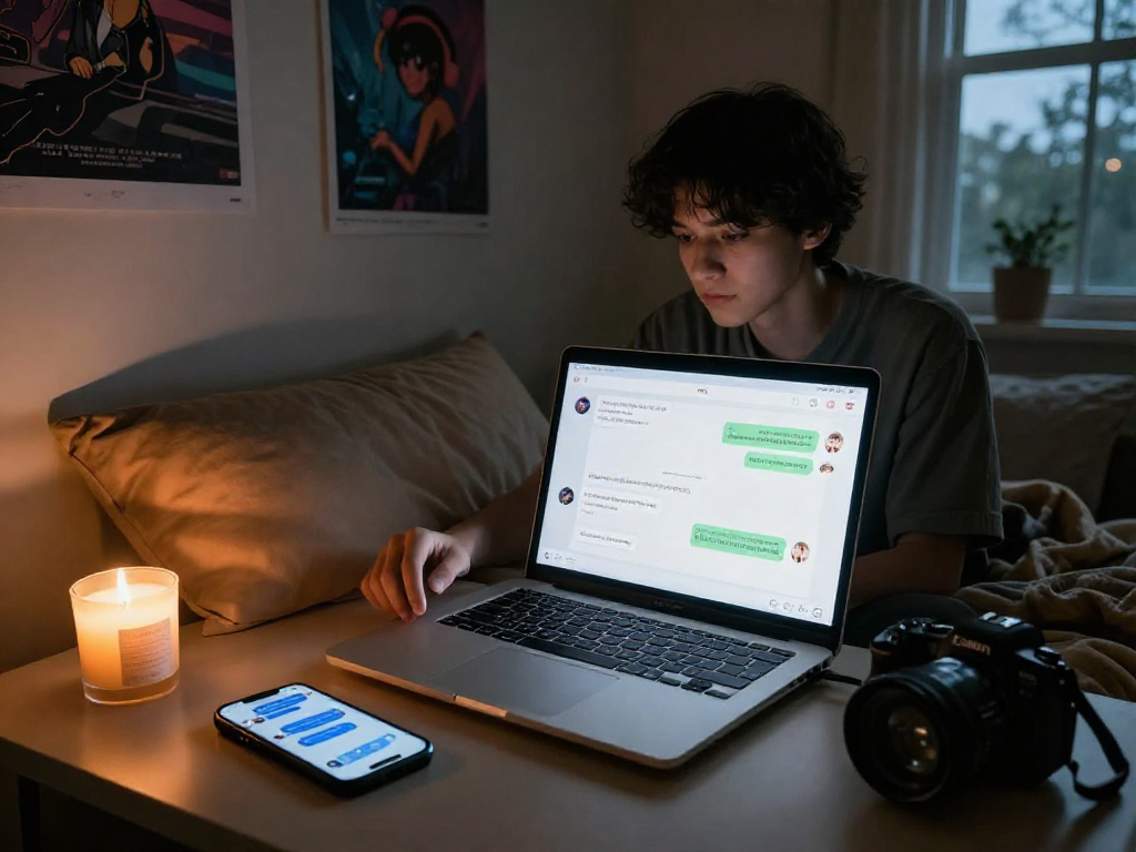 User engaging with an nsfw chat bot on a cozy laptop setup, intimate atmosphere highlighting a playful chat interface.