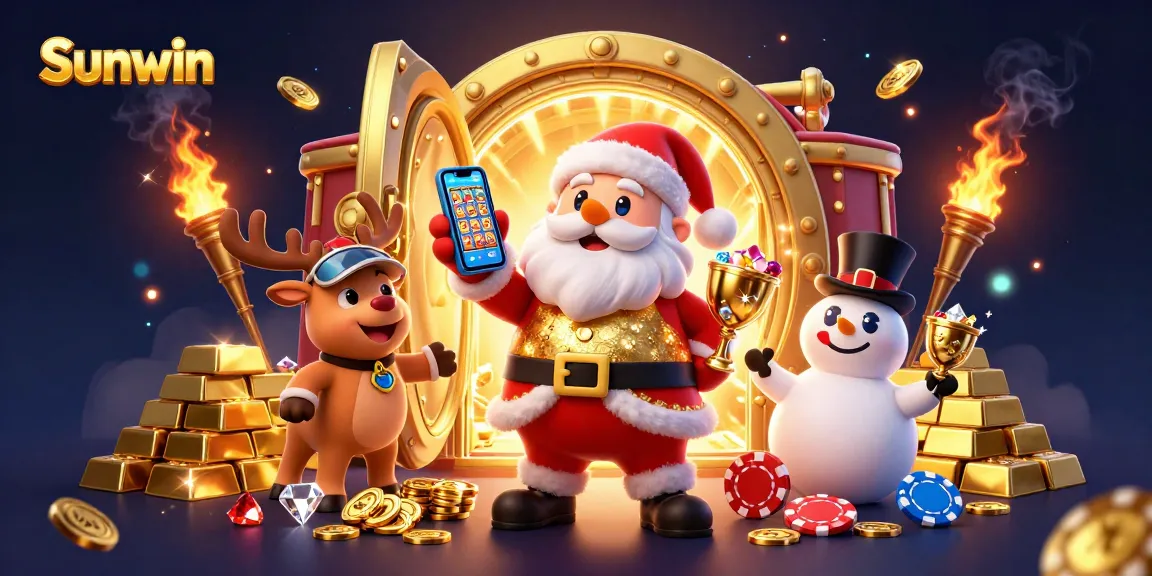 Experience high-stakes gaming with Sunwin's dynamic casino scene featuring festive characters and jackpots.