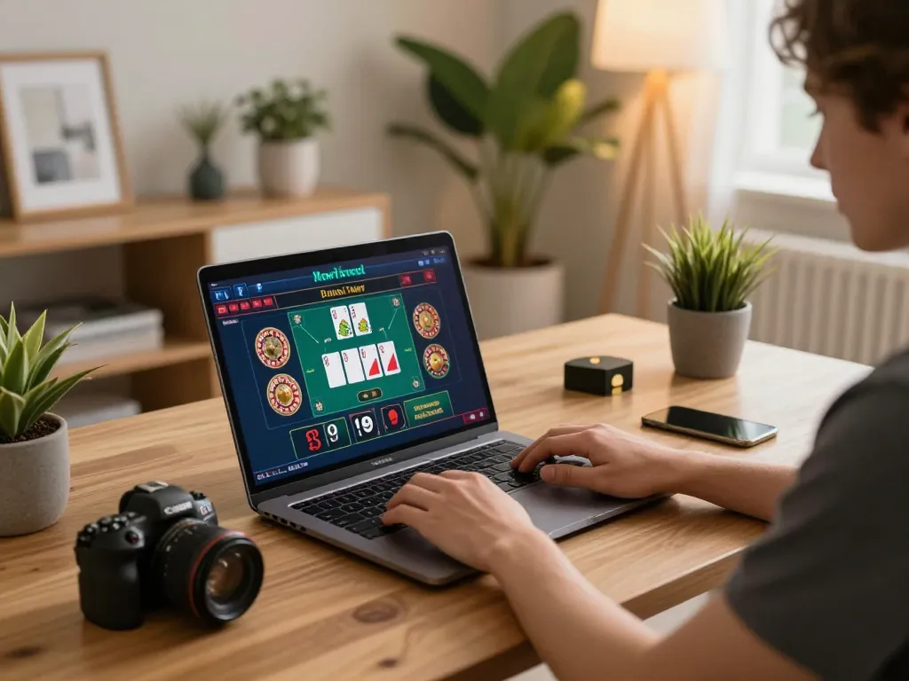This scene shows a person engaging with online games at https://www.mnm88.com/, highlighting the excitement of live casino action.