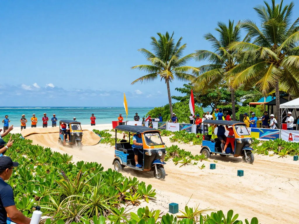 Participants in a tuk tuk obstacle challenge navigating a vibrant tropical course filled with natural barriers and enthusiastic spectators.