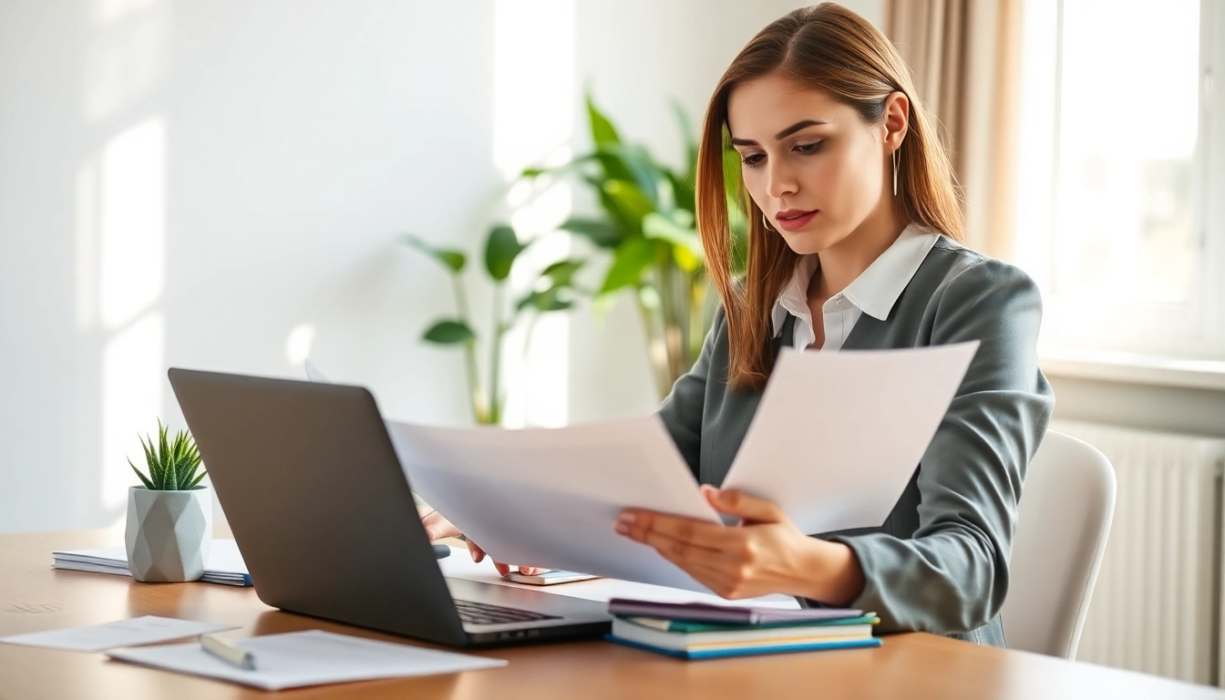 A businesswoman engaged in proposal writing and management, showcasing focused analysis at her desk.