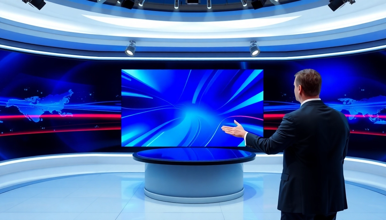 Engaging news broadcast studio with dynamic news headlines and a professional presenter.