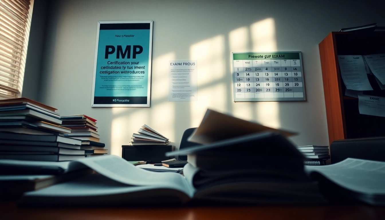 PMP exam support resources on a study desk with books and study guides.