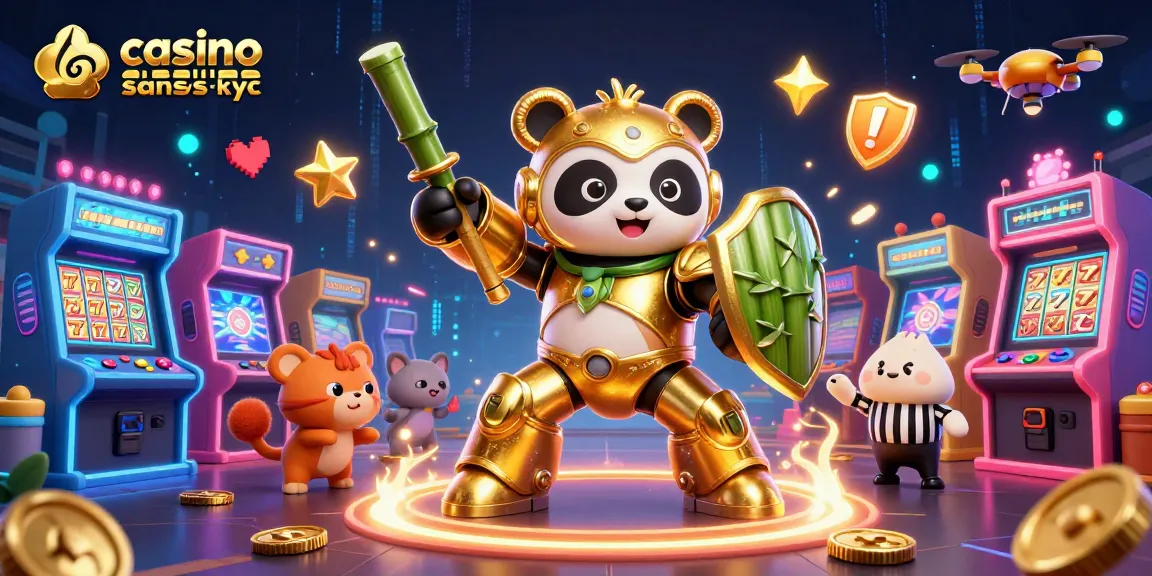 Découvrez un panda doré en robot de combat dans l'univers du casino en ligne sans KYC, entouré d'éléments ludiques.