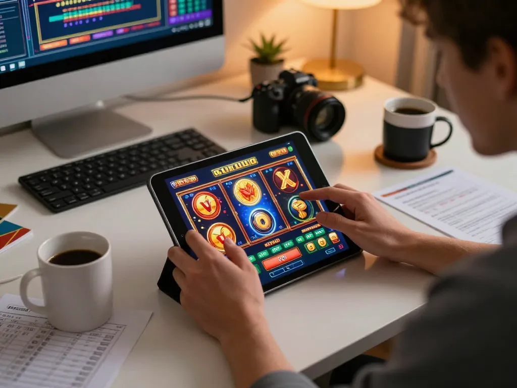 Engaged user exploring boosterjp slot game on tablet, showcasing exciting online gambling experience.