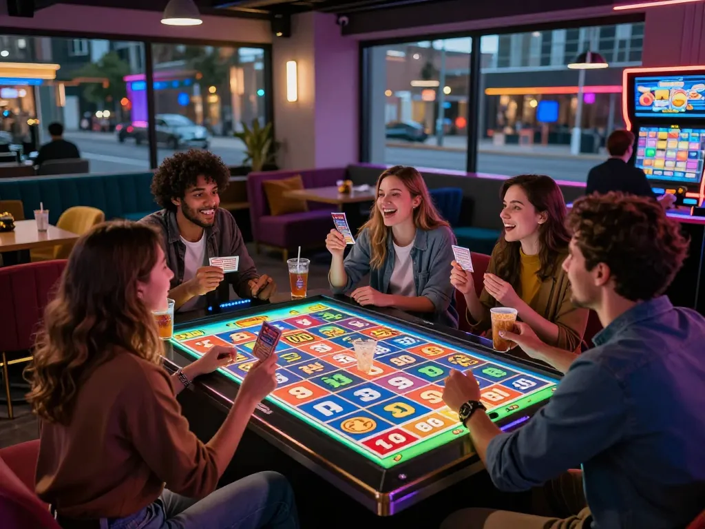 Exciting gaming scene showcasing friends enjoying xổ số hubet88 in a vibrant lottery lounge with digital displays.