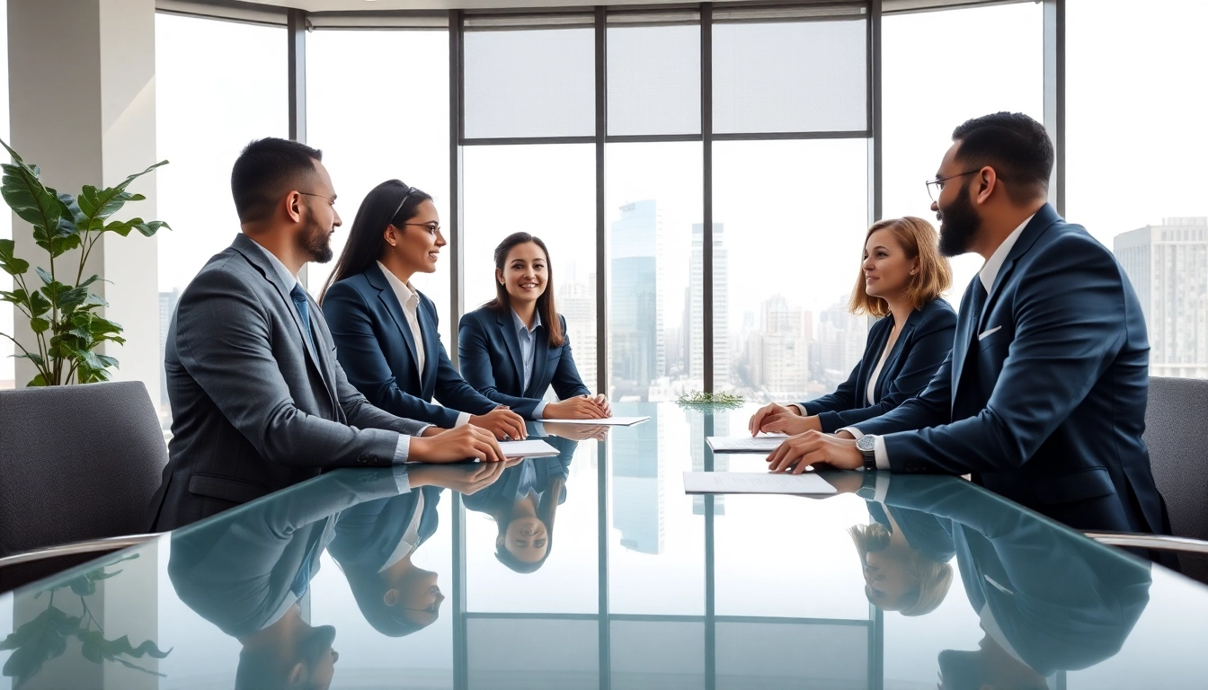 Brightet professionals collaborating in a modern conference room with city views.