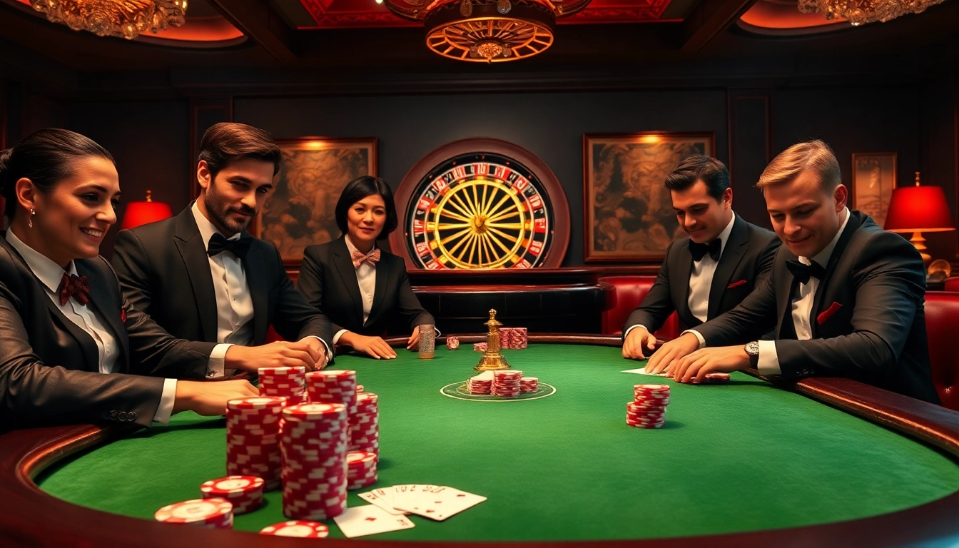 Action intense au poker dans un cadre de casino en ligne avec des jetons vibrants et des accents dorés.