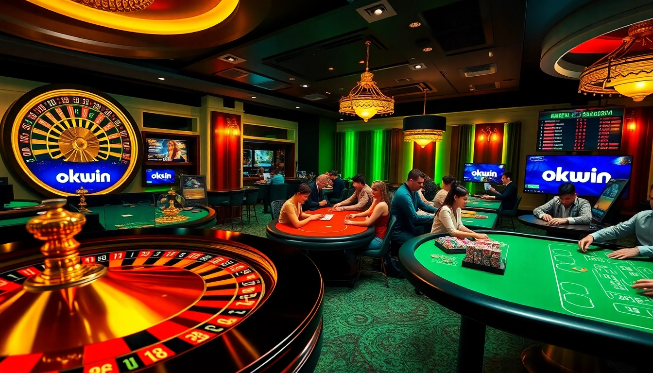 Exciting casino gaming at okwin featuring poker tables and a vibrant roulette wheel.