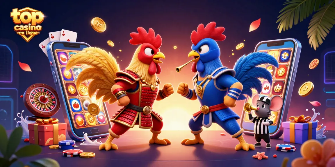 Top casino en ligne avec des coqs combattants et des éléments de jeu de casino animés.