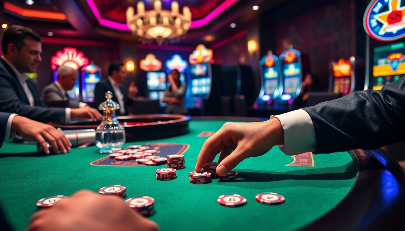 S8 poker players enjoying a thrilling hand at an elegant casino table with vibrant chips.