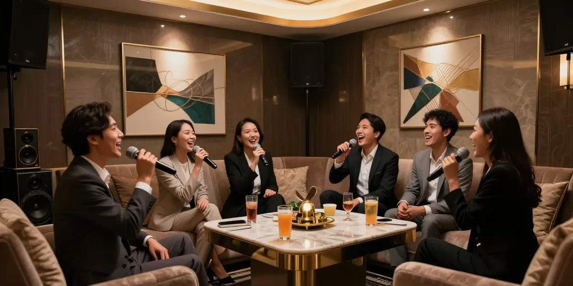 강남가라오케 정찰제 안내를 위한 고급 프라이빗 룸에서 비즈니스 관계자들이 즐거운 시간을 보내는 모습