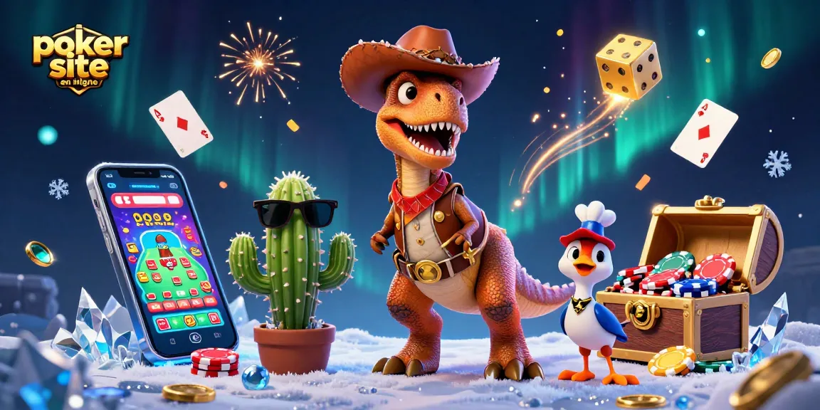 Une scène dynamique avec un site de poker en ligne, illustrant un T-Rex et ses amis entourés de jetons et de cartes, illustrant le fun du jeu.