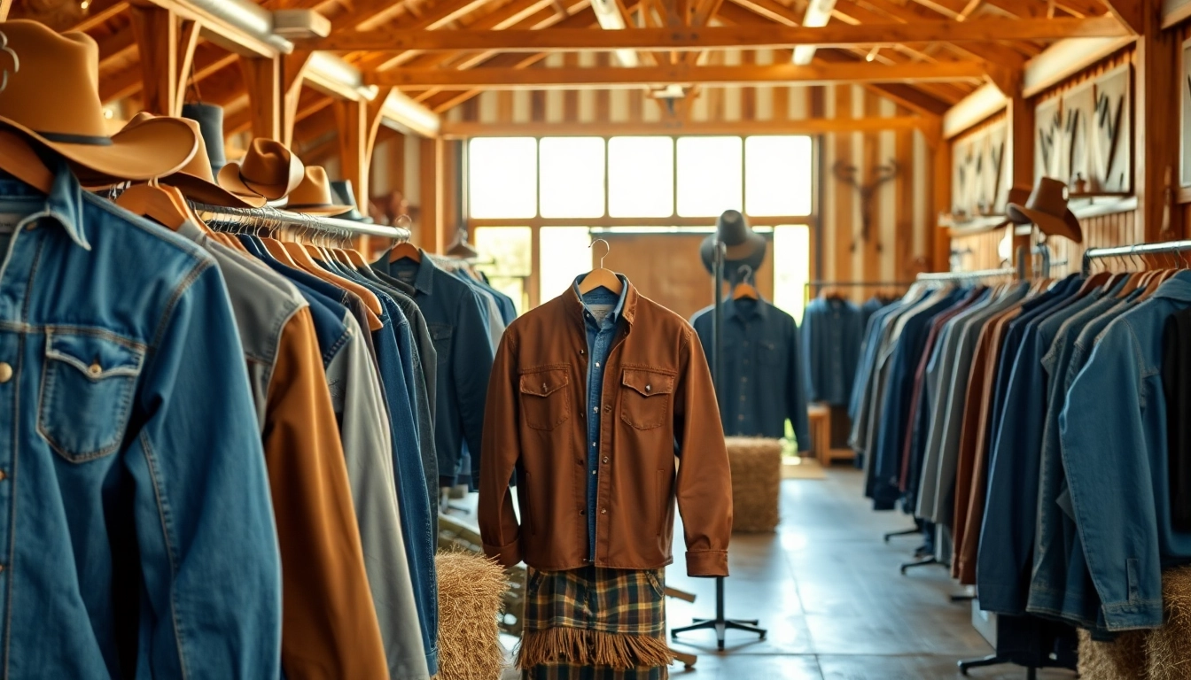 Showcase of ranch wear Canada in a rustic barn setting highlighting vibrant clothing options.
