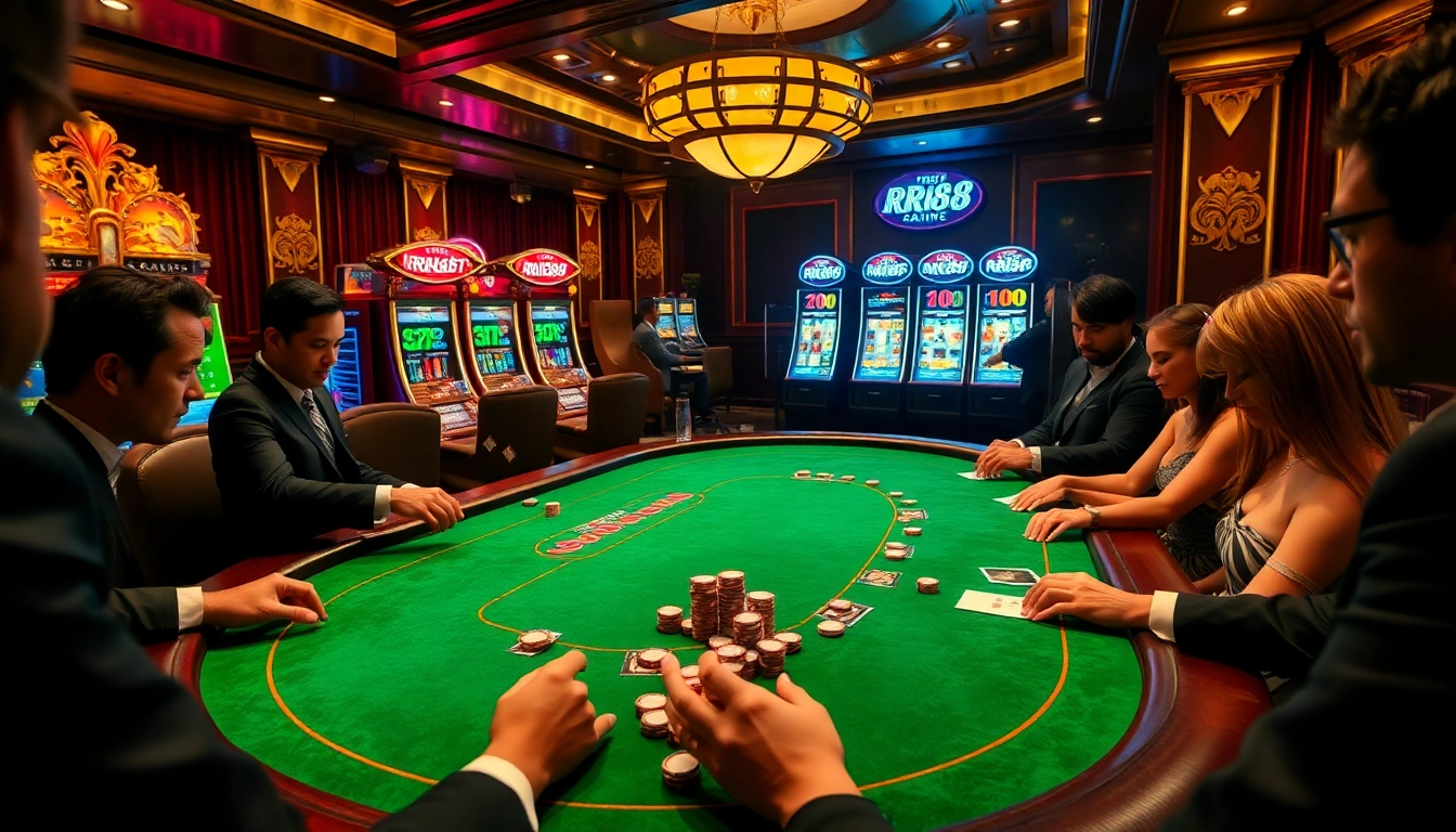Engage in high-stakes gambling excitement with RR88 at a luxurious casino table surrounded by vibrant gaming machines.
