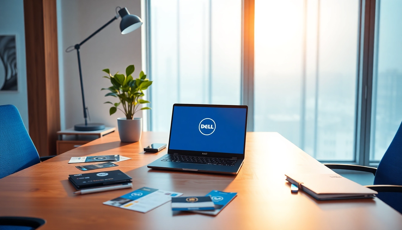 モダンなオフィスで Dell ノートパソコンと販促物を表示する DELL クーポン