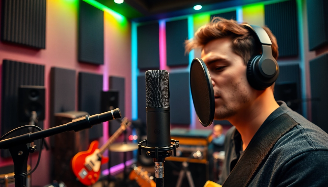 Capture the essence of music recording with the MV88 microphone in a vibrant studio atmosphere.