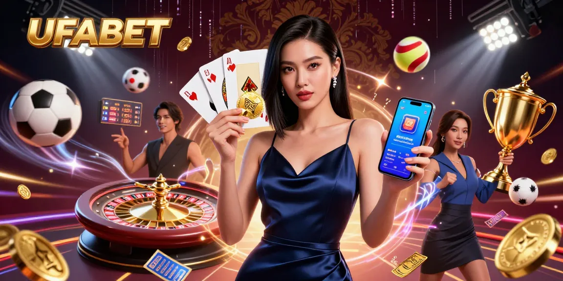 Win big at UFABET with an Asian woman showcasing a casino app and golden chip in an energetic gaming illustration.
