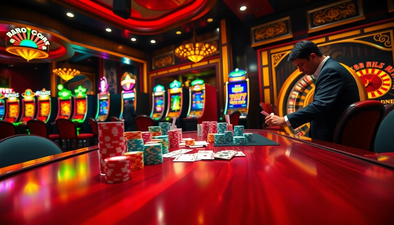 RR88 players enjoying thrilling casino games with poker chips and vibrant slot machines.