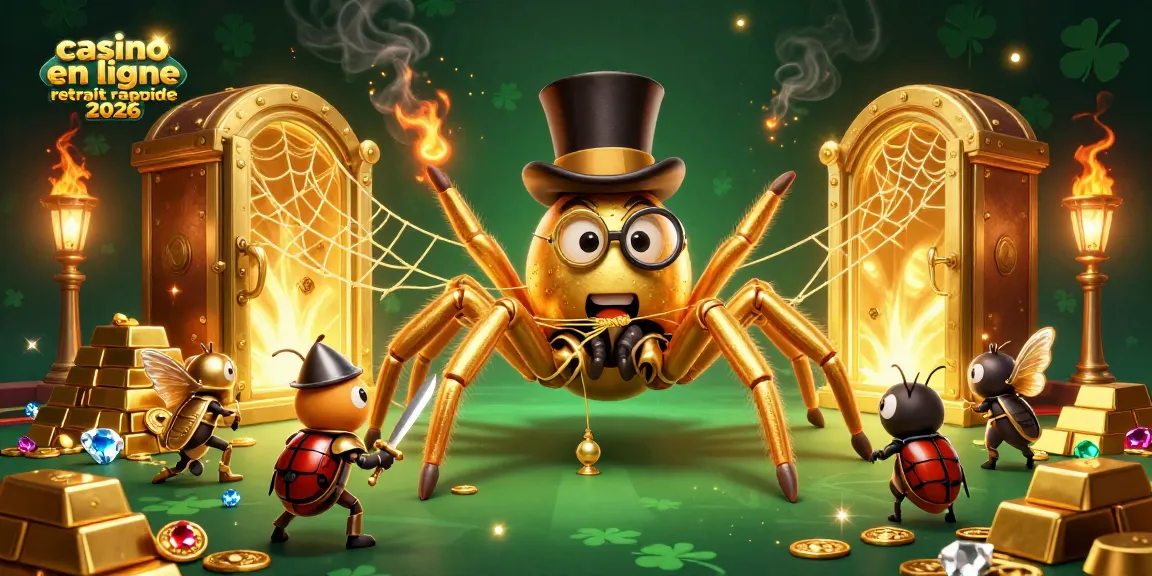 Casino en ligne retrait rapide 2026 - Illustration animée d'une tarentule dorée et un chevalier scarabée.
