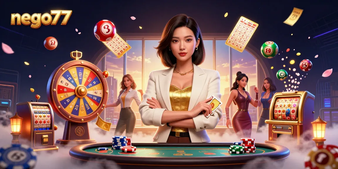 Nego77 provides a dynamic gaming experience with a glamorous businesswoman showcasing casino excitement and winning opportunities.