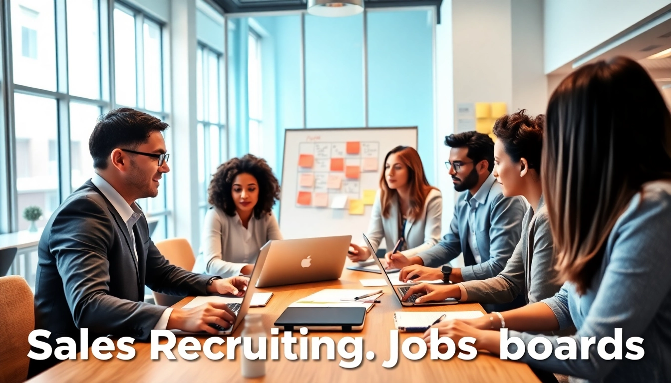 Professionals collaborating on sales recruiting job boards strategies in a bright office