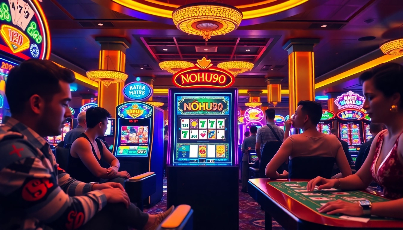 Experience the excitement of NOHU90 while playing on a luxurious slot machine in a vibrant casino.