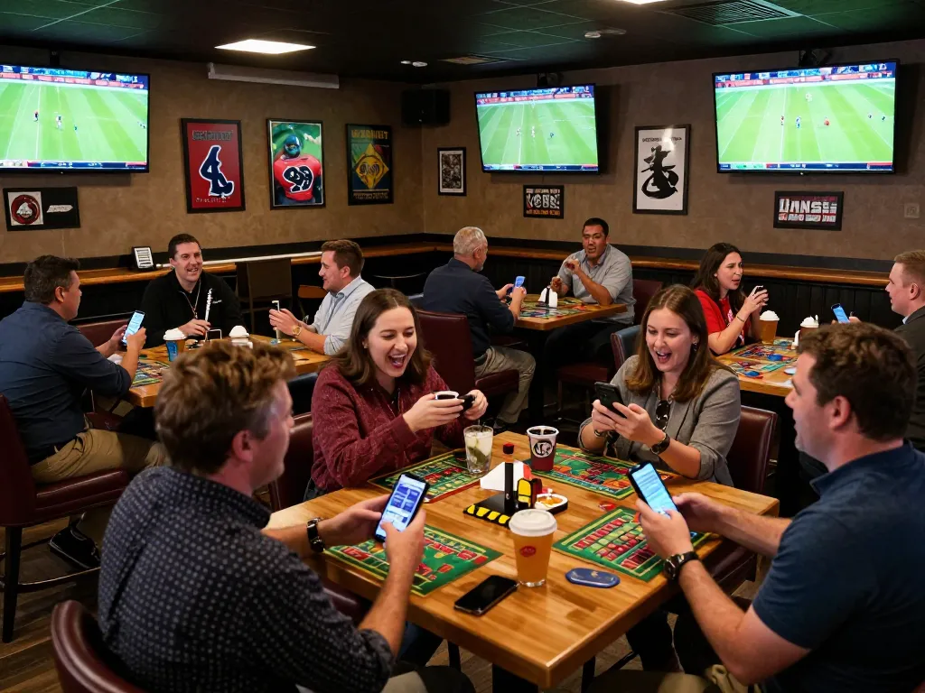 Bongdalu users enjoy live sports betting with mobile apps in an exciting sports bar setting