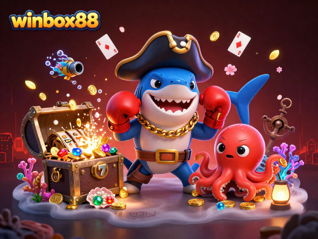 Experience thrilling winbox88 gameplay with a pirate shark and friends in a vibrant casino scene.