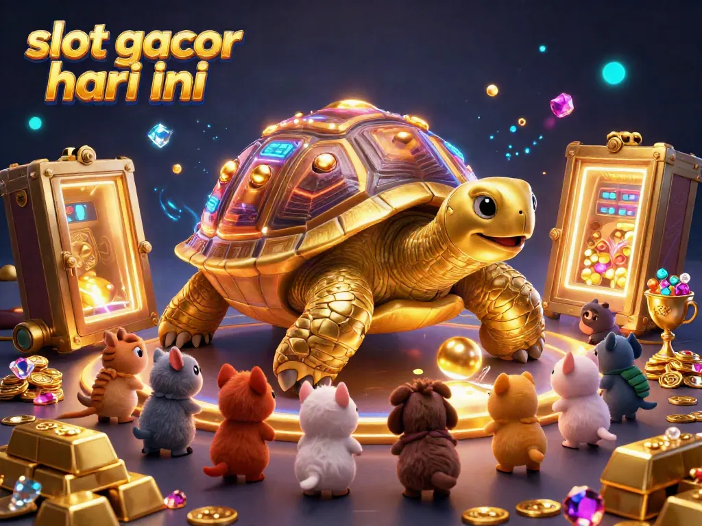 Visual permainan menarik di slot gacor hari ini dengan karakter kura-kura emas dan banyak harta berkilau.