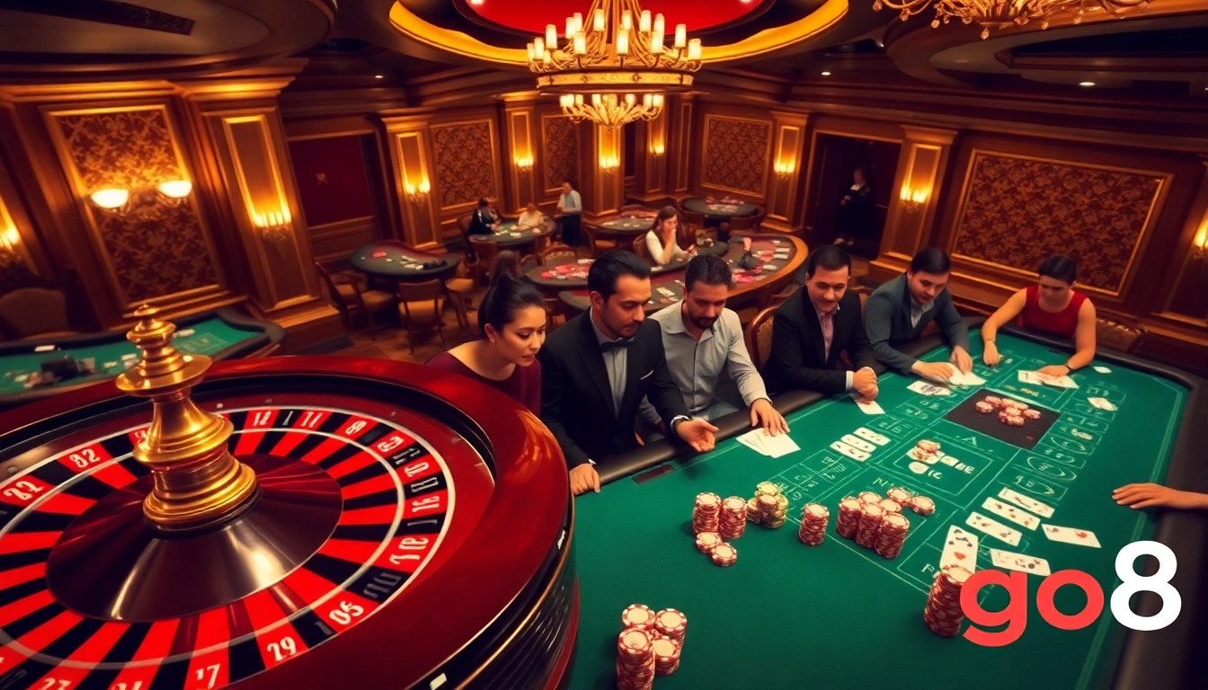 Engaging casino atmosphere with go8 branding, featuring roulette wheel and vibrant poker chips.