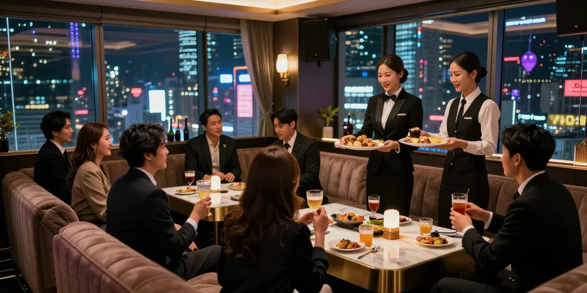 강남쩜오의 고급스러운 룸살롱 분위기에서 고객들이 편안히 대화하고 있는 모습