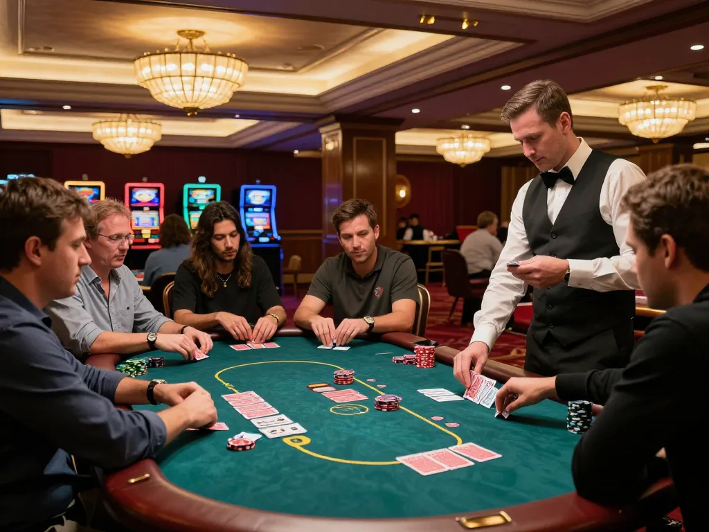 Players thrillingly strategizing their next move on 888now com poker table amid luxurious casino setting
